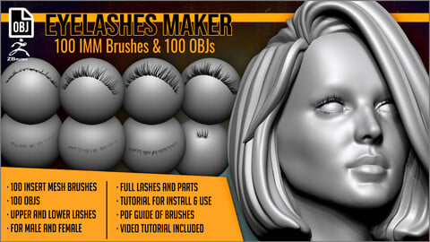 Eyelashes Maker 100 ZBrush IM brushes and 100 OBJs