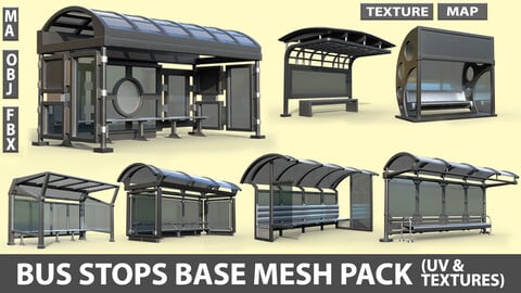 25 Bus Stop Base Mesh Pack with UVs and Textures