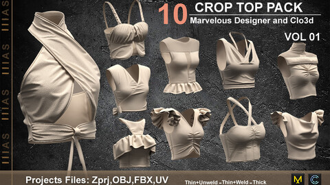 10 CROP TOP VOL 1 (MARVELOUS DESIGNER AND CLO3D)ZPRJ, OBJ, FBX,UV