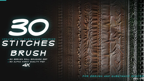 30 Seam & Zbrush Stitch Brushes & Alpha (Tileable) Vol.01