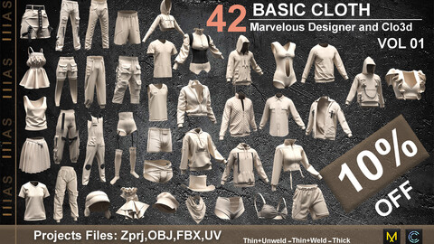 BASIC CLOTHES (CLO3D AND MAEVELOUS DESIGNER) ZPRJ, OBJ, FBX,UV