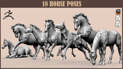 18 horse poses - 3D Models- ZTL+OBJ+STL