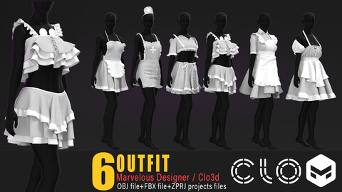 6 models of women's outfit / marvelous & clo3d / OBJ / FBX