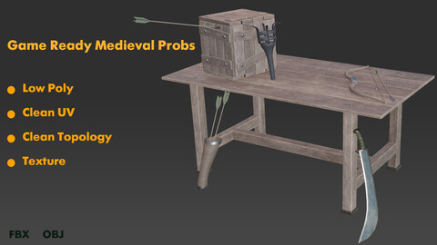 5 Medieval Probs  + Texture - Sword & Table & Torch & Bow & Arrow & Box -Vol 01 - Game Ready