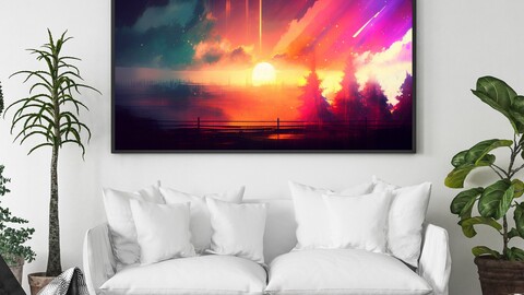 Large Asia Style Painting, Ink Style Painting, Landscape Painting, Colorful Painting, Digital Art, Sunrise Painting, Colorful sunset