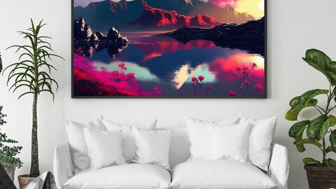 Large Asia Style Painting, Ink Style Painting, Landscape Painting, Colorful Painting, Digital Art, Colorful Lake Painting, Colorful Mountain