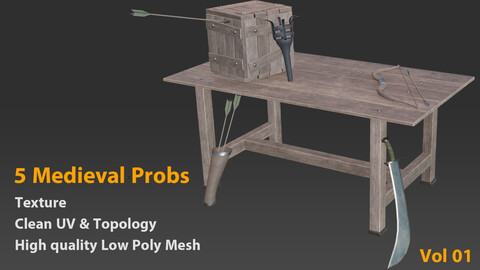 5 Medieval Probs  + Texture - Sword & Table & Torch & Bow & Arrow & Box -Vol 01 - Game Ready