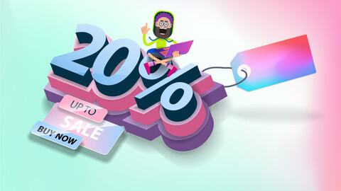 Cartoon man with glasses sitting on the numbers 20% discount