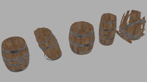 Free set of 5 wooden barrels Low-poly 3D model