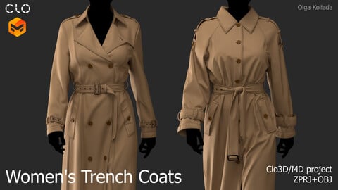 Women's Trench Coats. Marvelous Designer/Clo3d project+OBJ