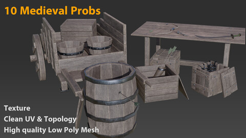 10 Medieval Probs + Texture - Weapon and Vehicle- Game Ready- Low Poly - Probs
