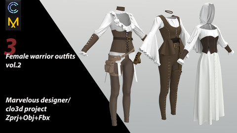 3 Female warrior outfits Vol.2(Marvelous designer/Clo3d project)