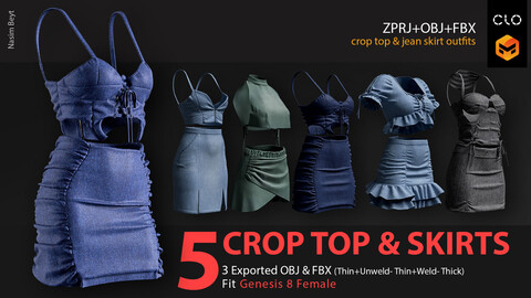 5 CROP TOP & SKIRT OUTFITS PACK (VOL.01). CLO3D, MD PROJECTS+OBJ+FBX