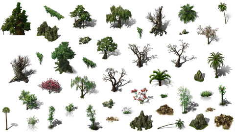 2.5D Tree Flower Rock And Mountain Game Assets