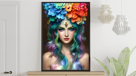 Beautiful Lady Abstract Painting, Digital Fairy Woman Wall Art Print, Colorful Florals Art, Printable Wall Art, Downloadable Art Printable