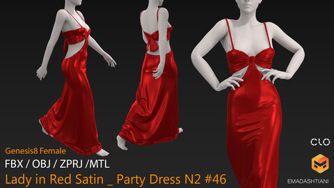 Lady in Red Satin _ Party Dress N2 #46 _ MarvelousDesigner/CLO Project Files+fbx+obj+mtl _ Genesis8Female