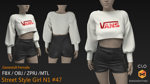 Street Style Girl N1 #47 _  MarvelousDesigner/CLO Project Files+fbx+obj+mtl _ Genesis8Female