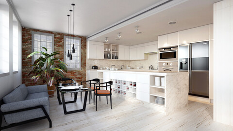 Kitchen and dinning  interior scene 3d model