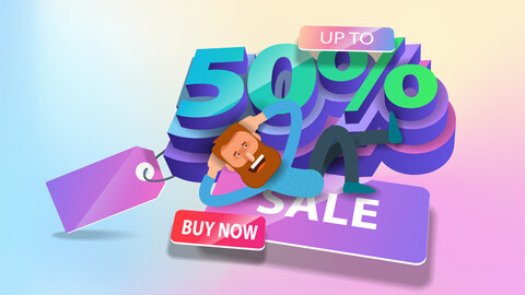 Cartoon man lies on huge volume figures 50 percent discount