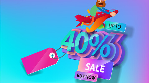 Cartoon man on a plane flies away from a 40 percent discount