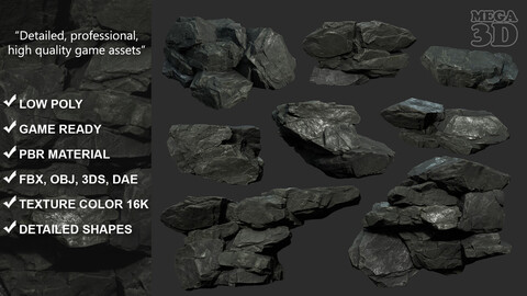 Low Poly Black Rock 230322 - Ultra HD 16K Texture