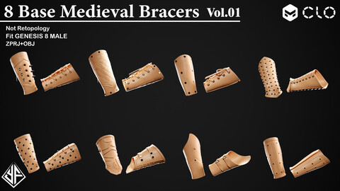 8 Base Medieval Bracers Vol.01 - MD/Clo3D projects + OBJ