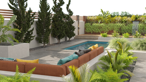 Modern backyard with pool 3d model