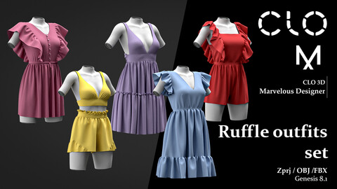 Ruffle outfits  set / Marvelous Designer/Clo3D project file + OBJ