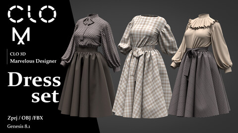 Dress set / Marvelous Designer/Clo3D project file + OBJ