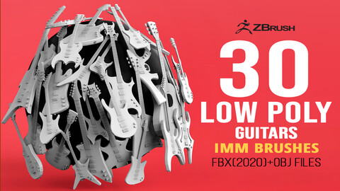 30 electric metal, rock guitar music instrument shapes IMM brush set Zbrush, obj and fbx files.