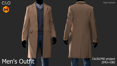 Men's outfit (coat, vest, jeans, shirt). Marvelous Designer/Clo3d project+OBJ