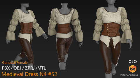 Medieval Dress N4 #52 _ MarvelousDesigner/CLO Project Files+fbx+obj+mtl _ Genesis8Female