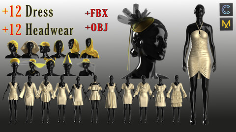 +12 female dress and headwear pack  Clo3D and MD( ZPRJ + OBJ+ FBX )