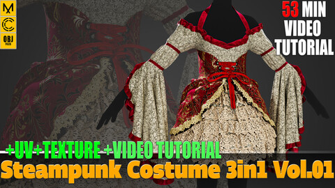 3 in 1 Steampunk Costume + Clo3D/Marvelous + Video Tutorial + ZPRJ + OBJ + UV + Texture Vol.01
