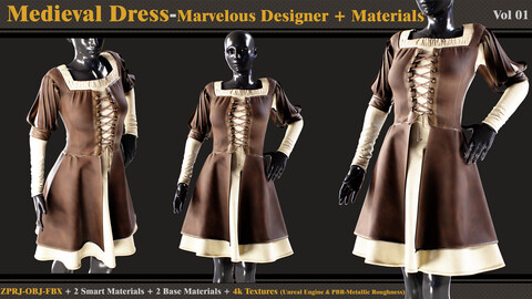 Medieval Dress- Marvelous Designer + 2 Smart Materials + 2 Fabric Base Materials + 4K Textures