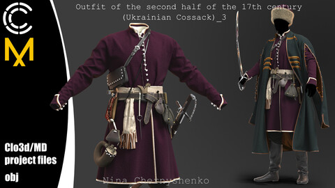 Outfit of the second half of the 17th century (Ukrainian Cossack)_3. Marvelous Designer/Clo3d project + OBJ.