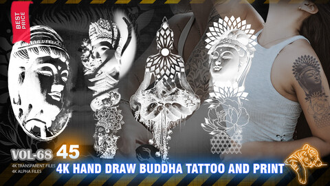 45 4K HAND DRAW BUDDHA TATTOO AND PRINT - HIGH END QUALITY RES - (ALPHA & TRANSPARENT) - VOL68