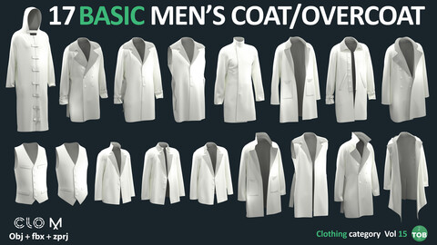 17 BASIC MEN'S COAT / OVERCOAT / JACKET PACK | Marvelous Designer / CLO3D + ZPRJ + OBJ + FBX
