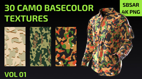 30 Camouflage Base Color Textures - Tileable ( SBSAR + 4K PNG ) - Vol1