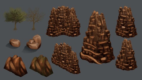 Isometric 2D Assets (Mountains + Tree)