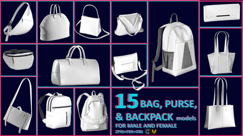 15 BAG, PURSE, AND BACKPACK MODELS FOR MALE & FEMALE/ ZPRJ, OBJ, FBX
