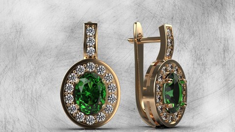 Classic earrings with an oval stone and diamonds, part of a jewelry set (3D model for 3D printing and CNC)