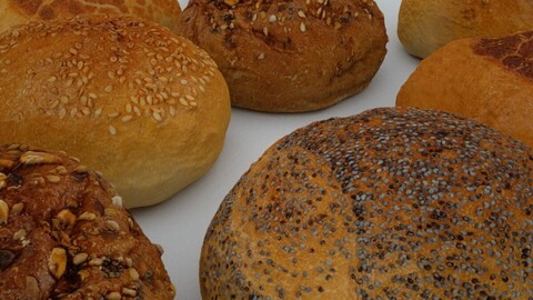 Delicious 4-Piece 3D Scanned Baked Bread with Seeds Collection Model in OBJ Format with 2K Textures and Normal Map
