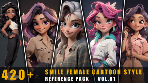 420+ Smile Female Cartoon Style - References Pack Vol.01