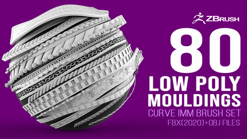 80 low poly carved mouldings shapes IMM, curve IMM brush set for Zbrush, fbx and obj files.
