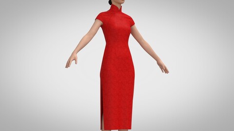 Cheongsam Qipao Dress, Marvelous Designer, Clo3D + obj, fbx