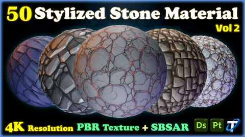 50 Stylized Stone Material - SBSAR + PBR Textures (MEGA Bundle) - Vol 2