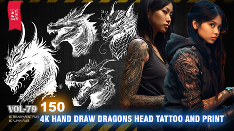 150 4K HAND DRAW DRAGONS HEAD TATTOO AND PRINT - HIGH END QUALITY RES - (ALPHA & TRANSPARENT) - VOL79
