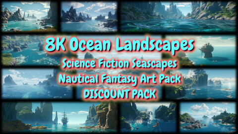 8k Ocean Landscape BIG DISCOUNT PACK - Science Fiction Inspired - Cinematic Scenery and Sci-fi Seascape Backgrounds - HD Nature Wallpapers - 3D Digital Nautical Themed Artworks / Marine Illustrations / Fantasy References