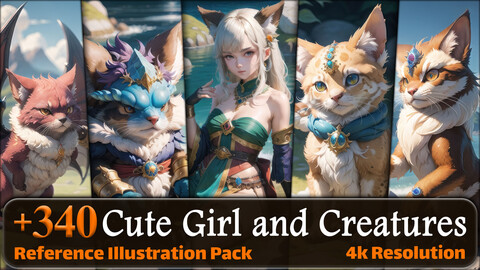 340 Cute Girl and Creatures (Full Body) Reference Pack | 4K | v.1